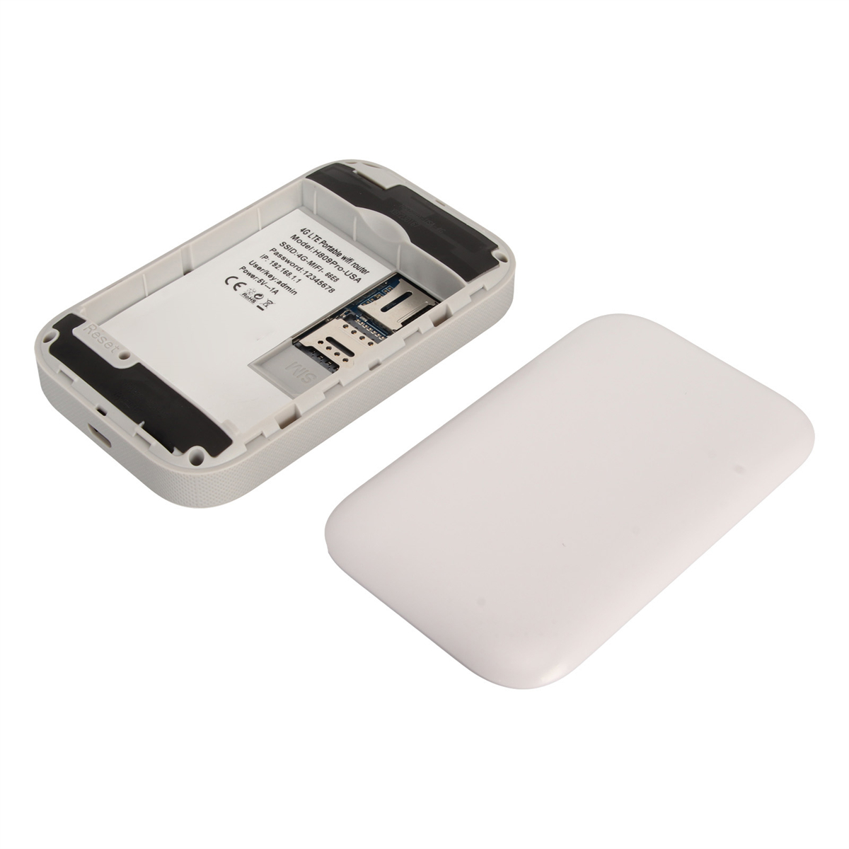 Ein weißer tragbarer Router, geöffnet, um die inneren Komponenten, einschließlich eines SIM-Karten-Slots, zu zeigen.