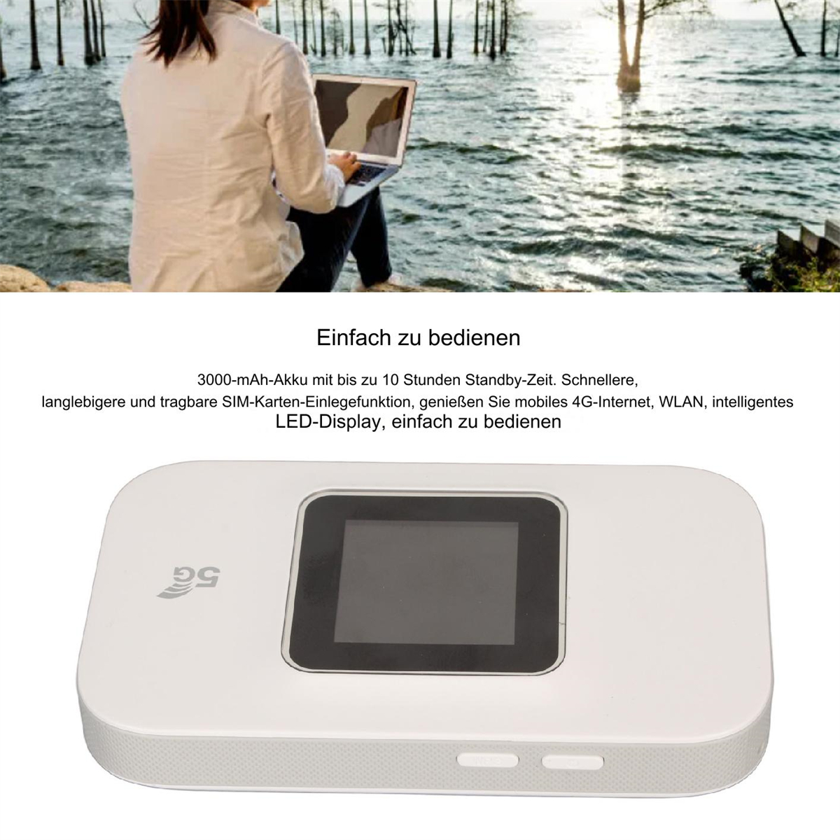Person nutzt Laptop im Freien, in Wassernähe. Weißes tragbares Gerät mit Bildschirm im Vordergrund.