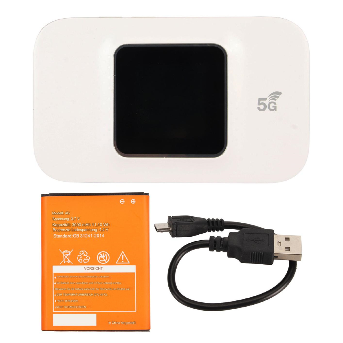 Weißes 5G-Mobil-Hotspot-Gerät, Akku und USB-Kabel. Der Akku hat Warnhinweise.