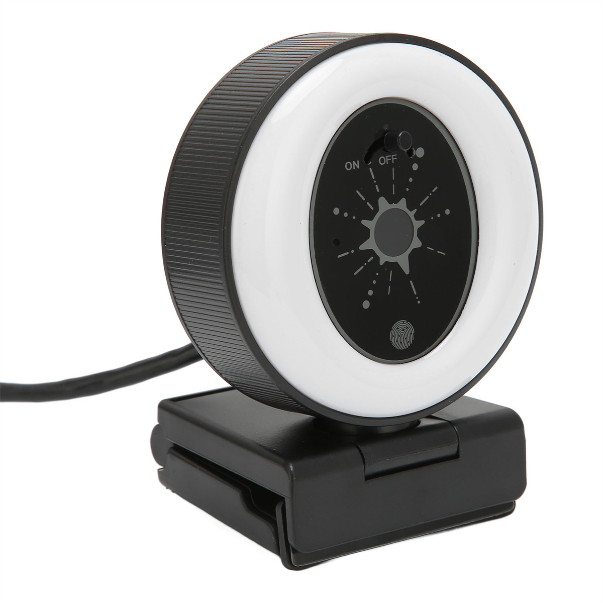 Eine schwarz-weiße Webcam mit Ringlicht. Sie hat ein kreisförmiges Licht und einen schwarzen Sockel.