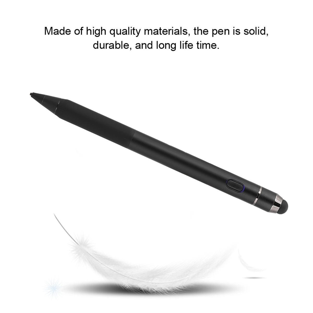 Ein schwarzer Stylus-Stift. Text besagt, dass er aus hochwertigen Materialien besteht, langlebig ist und lange hält. Eine Feder schwebt.