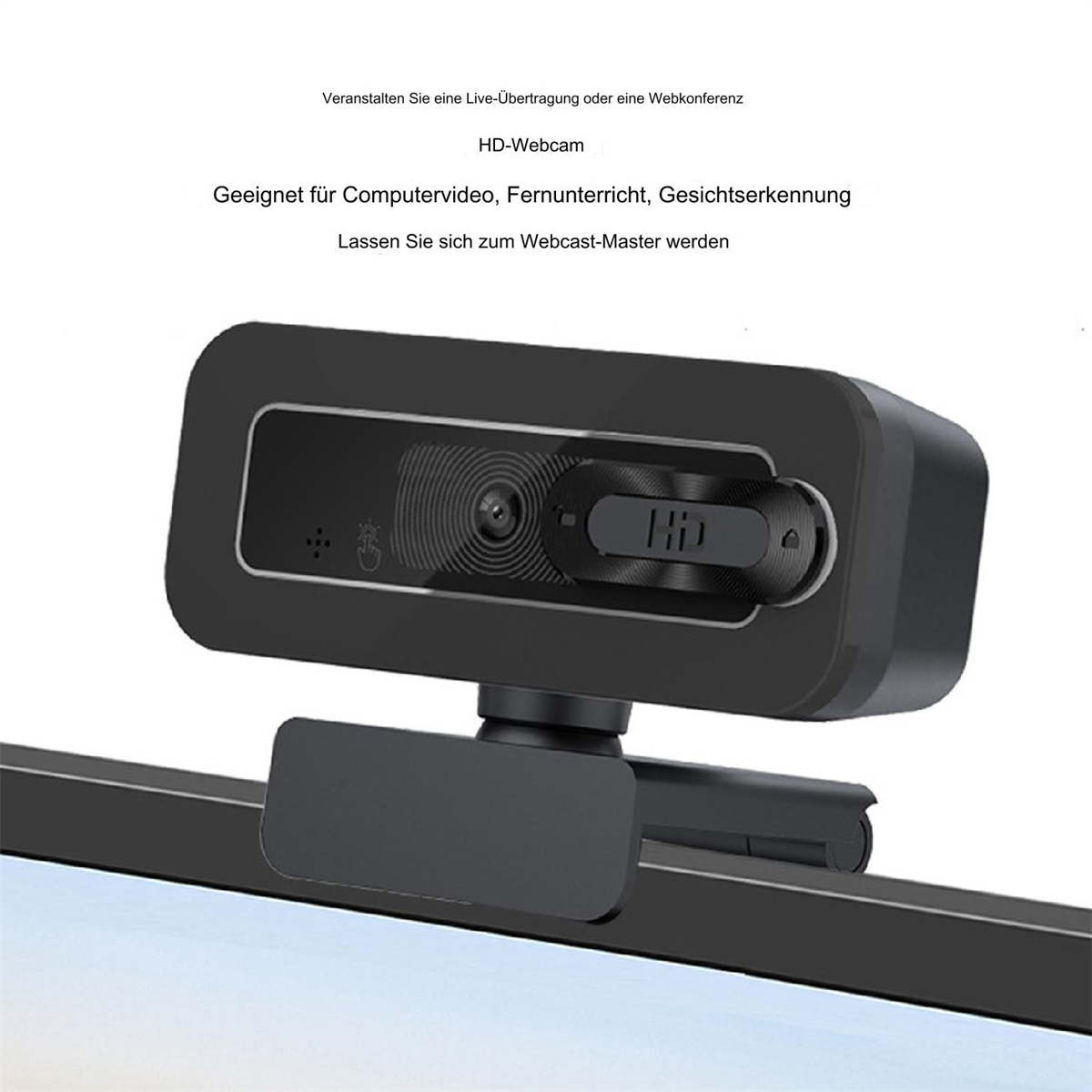 Schwarze HD-Webcam auf einem Ständer, mit Text über Live-Streaming und Gesichtserkennung.