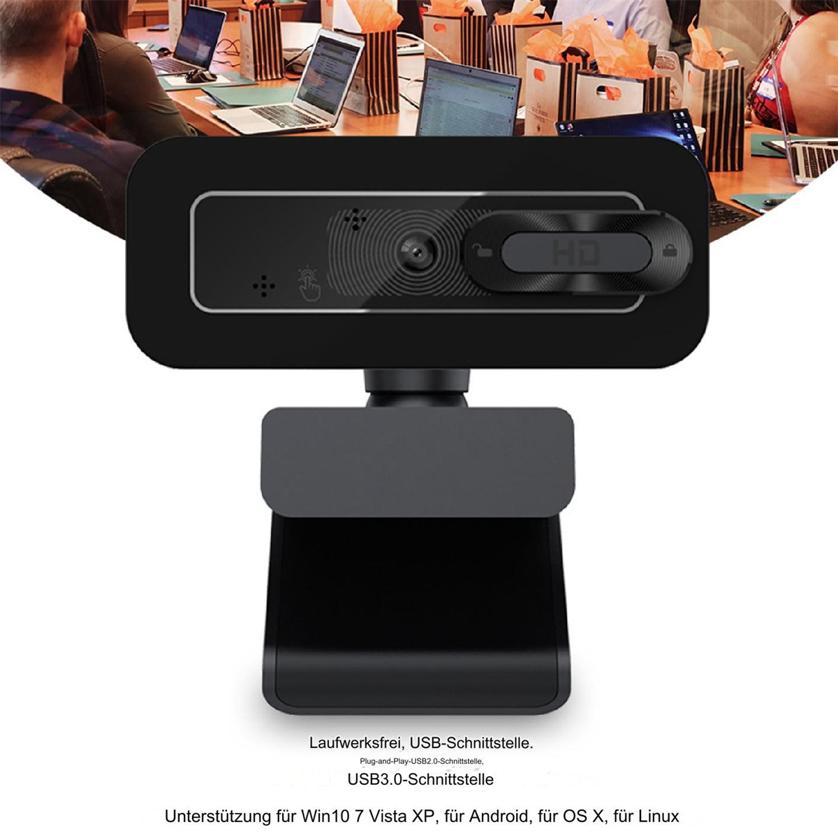 Schwarze Webcam auf einem Ständer, vor einer verschwommenen Büroszene. Enthält HD und Touch-Bedienelemente.