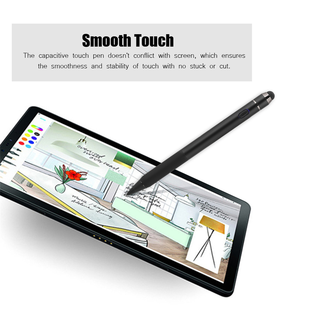 Ein schwarzer Stift auf einem Tablet. Eine Skizze einer Blume und eines Rauminneren wird angezeigt.