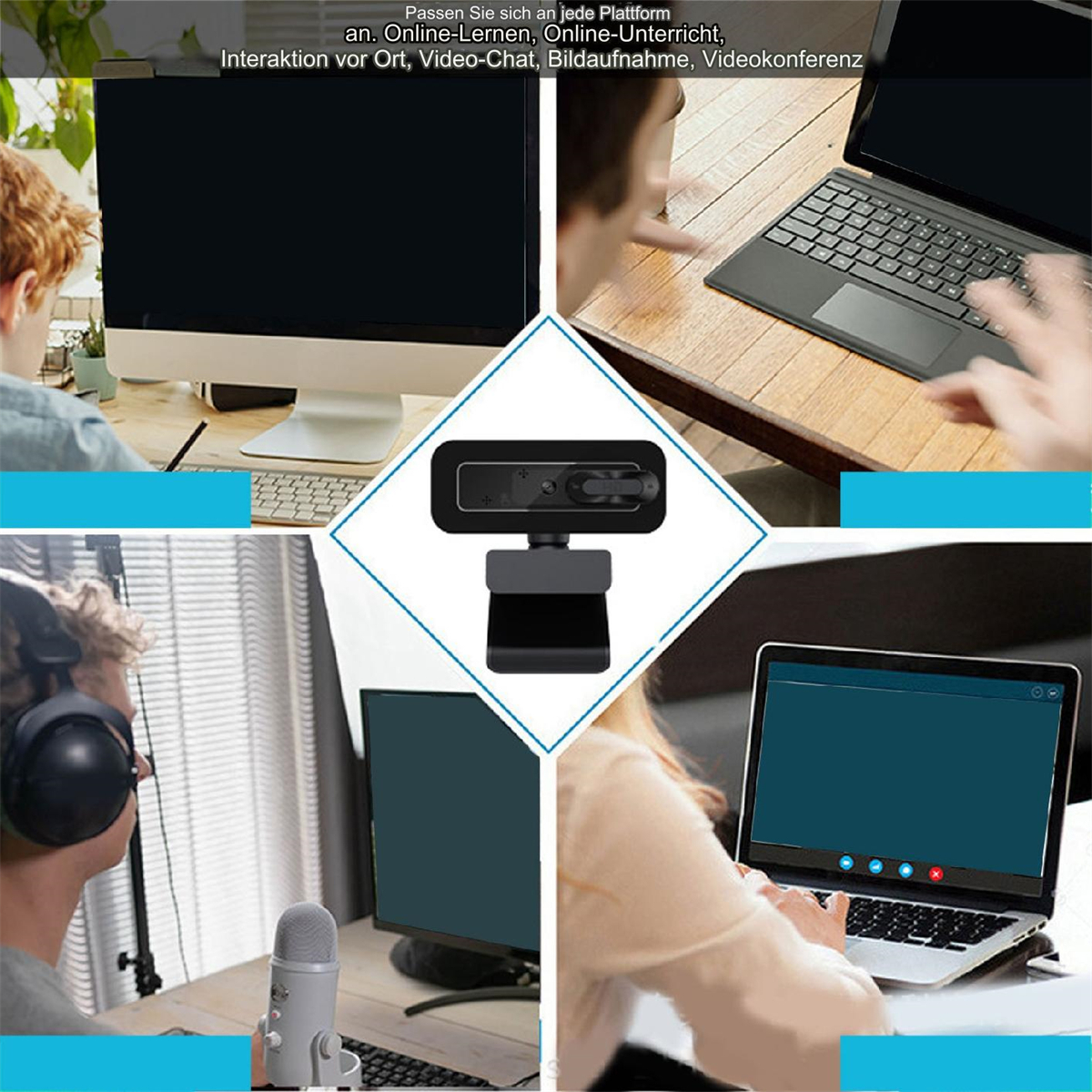 Webcam mit Bildschirmen, die Online-Lernen, Video-Chat und Videokonferenzen zeigen. Personen sind anwesend.