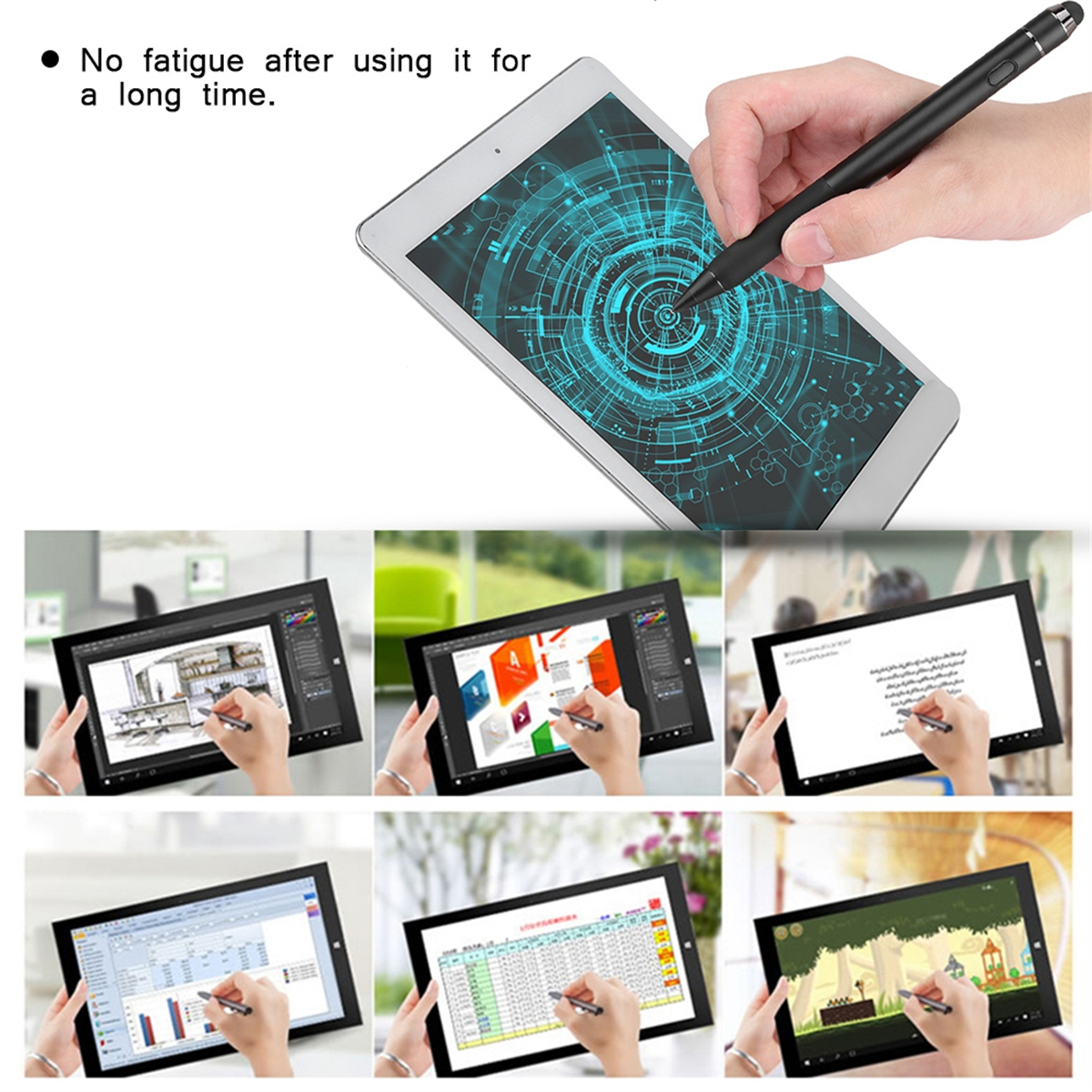 Eine Hand hält einen Stift über einem Tablet und demonstriert dessen Verwendung, sowie mehrere andere Tablets mit unterschiedlichen Anzeigen.