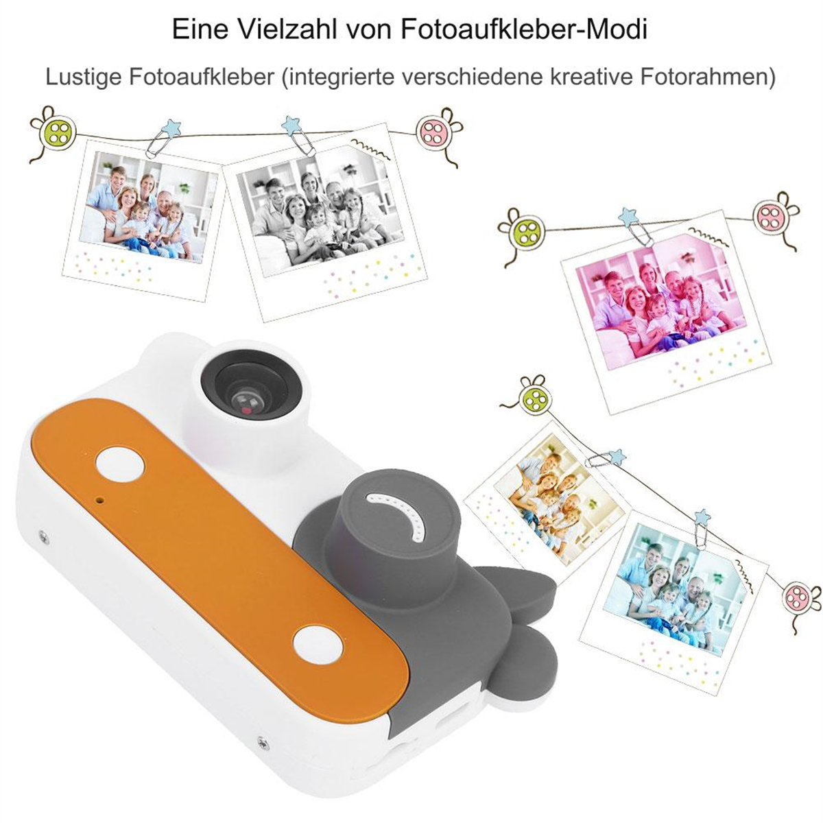 Digitalkamera mit Fotos. Fotos zeigen Familien. Text auf Deutsch.