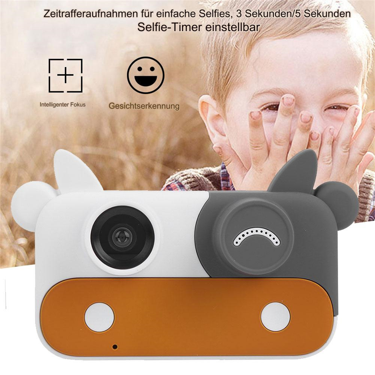 Kamera in Kuhform für Kinder. Die Kamera hat ein Objektiv, Knöpfe und ein lächelndes Gesicht.