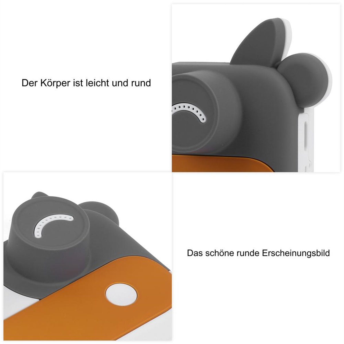 Vier Bilder mit Text auf Deutsch über eine graue, bärenförmige Kamera.