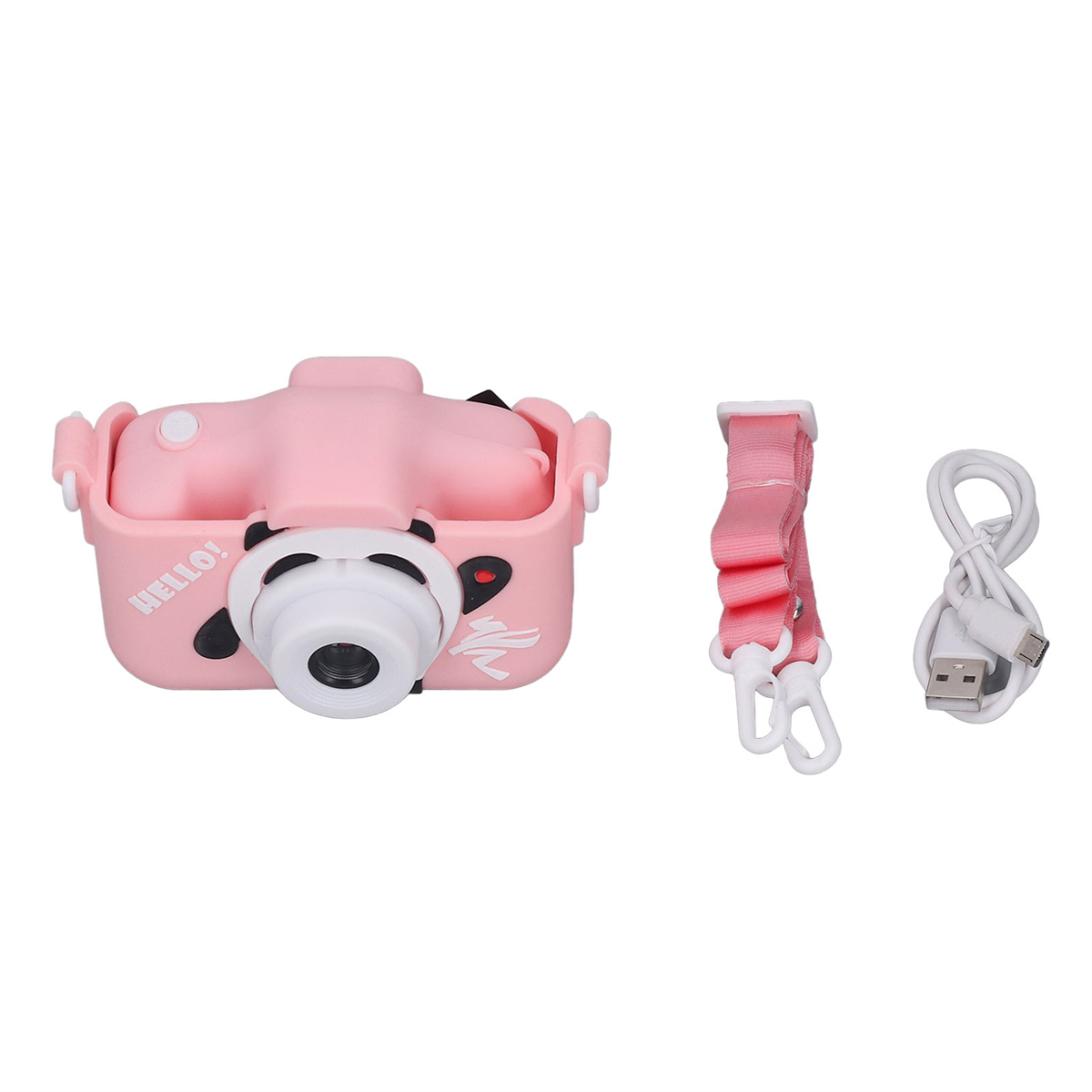 Eine rosa Spielzeugkamera mit einem Hello!-Aufkleber, Gurt und USB-Kabel.