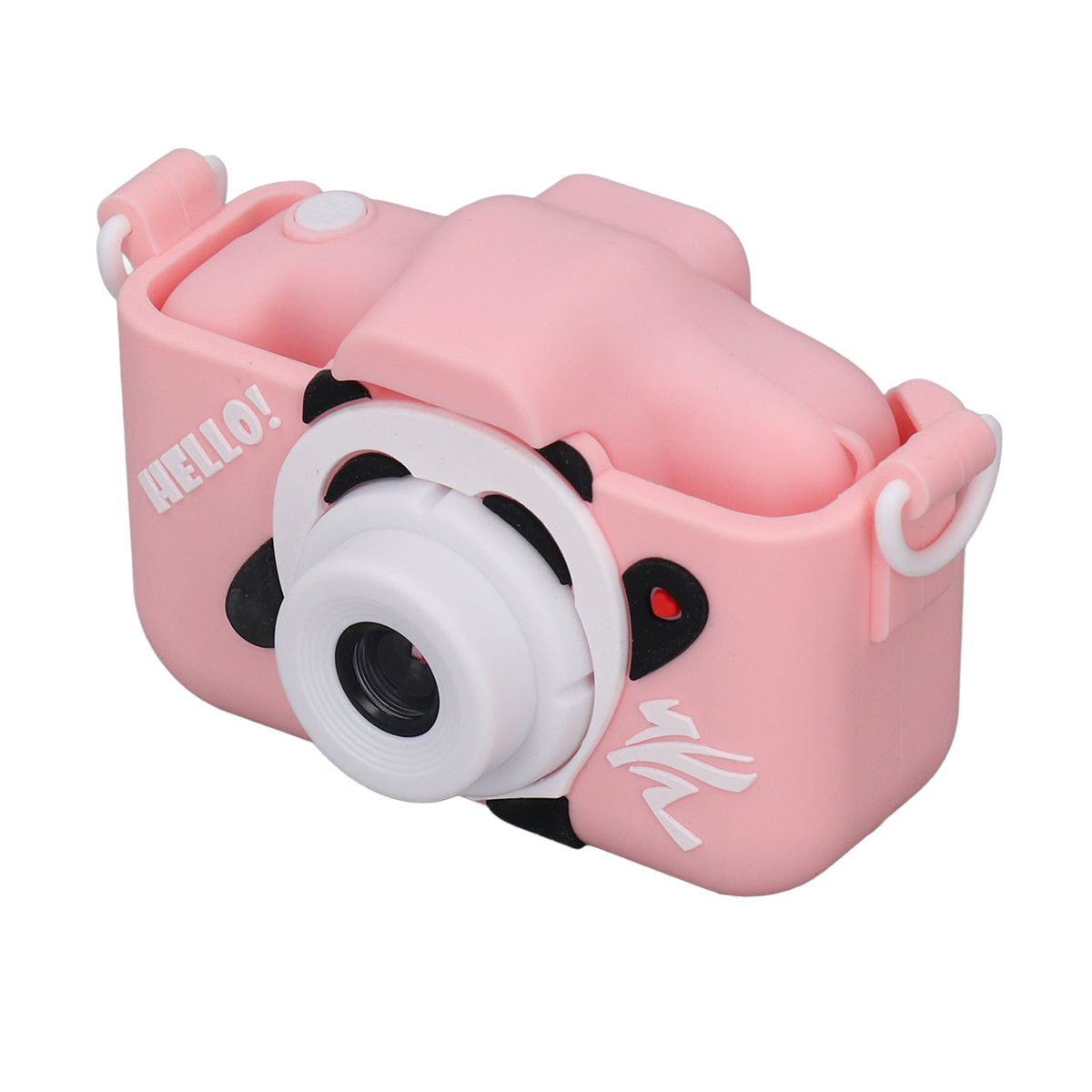 Eine rosa pandaförmige Kamera mit Objektiv und dem Wort "HELLO!" darauf.