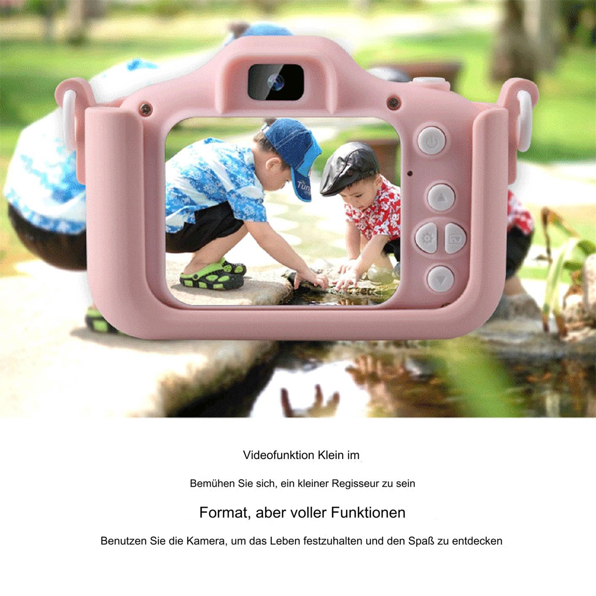 Eine rosa Kinderkamera. Zwei Kinder spielen mit der Kamera. Text über die Kamerafunktionen.