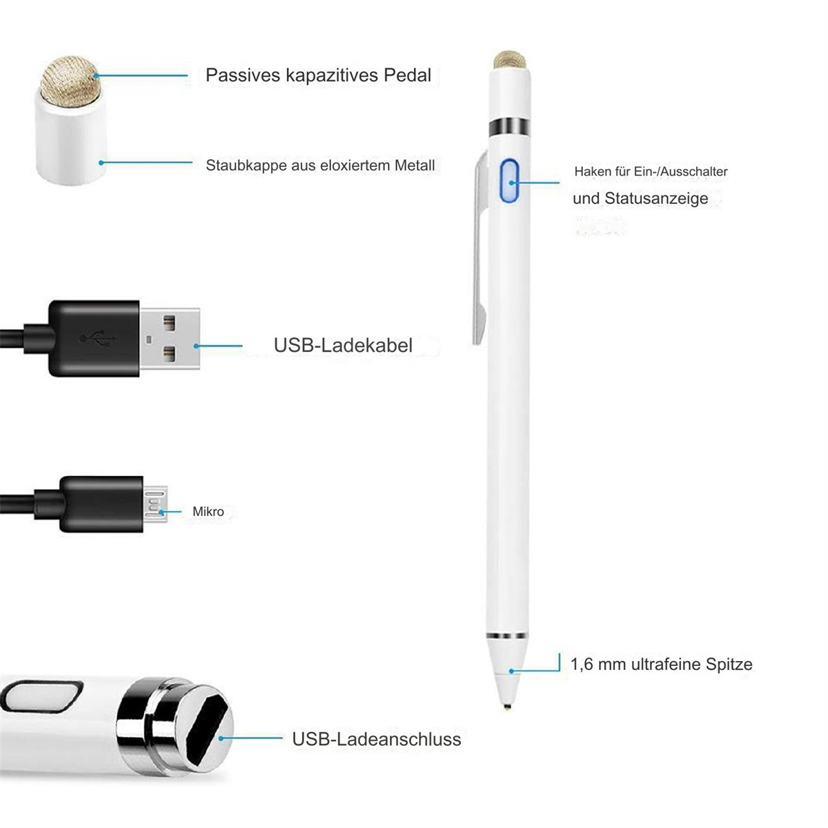Ein weißer Stift und seine Teile: ein USB-Ladekabel, ein USB-Ladeanschluss und eine 1,6 mm feine Spitze.