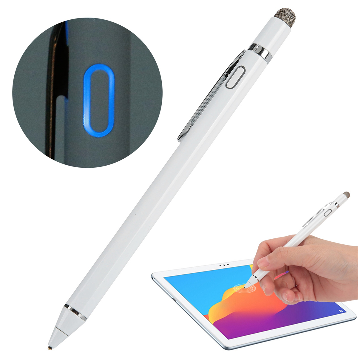 Ein weißer Stift mit einem silbernen Clip und einer blauen Lichtanzeige. Er wird neben einem Tablet gezeigt.