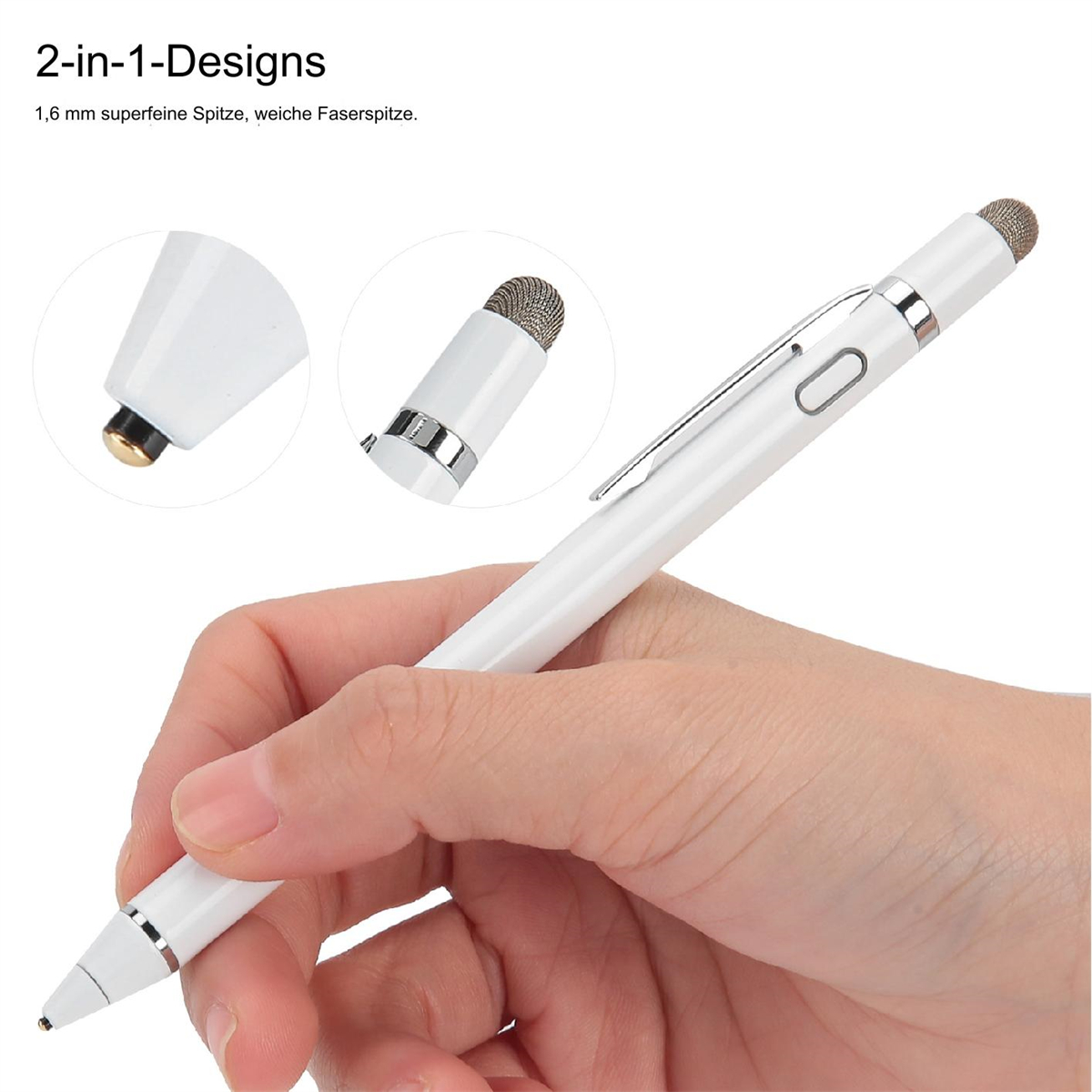 Weißer Stift mit zwei Spitzen, eine aus Mesh, eine fest. Hand, die den Stift hält. Weißer Hintergrund.