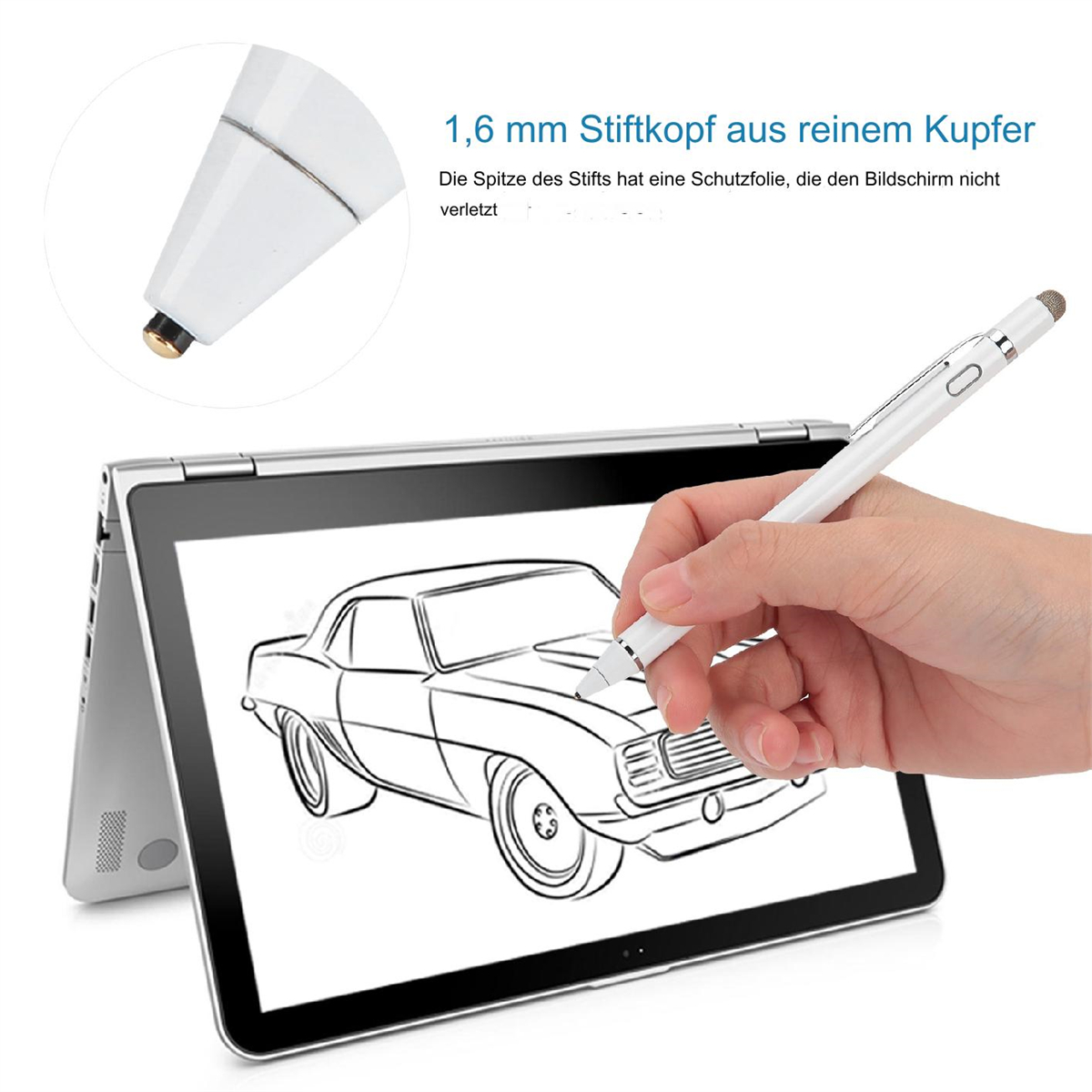 Ein weißer Stift über einem Tablet, das eine Autoskizze zeigt. Ein weißer Hintergrund.