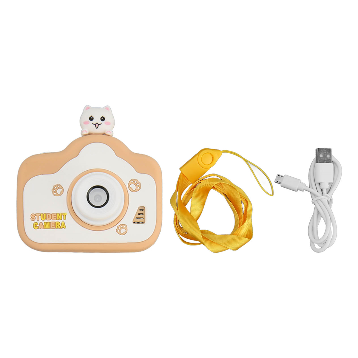 Orange und weiße Schulkamera mit Zubehör. Enthält einen gelben Riemen und ein weißes USB-Kabel.