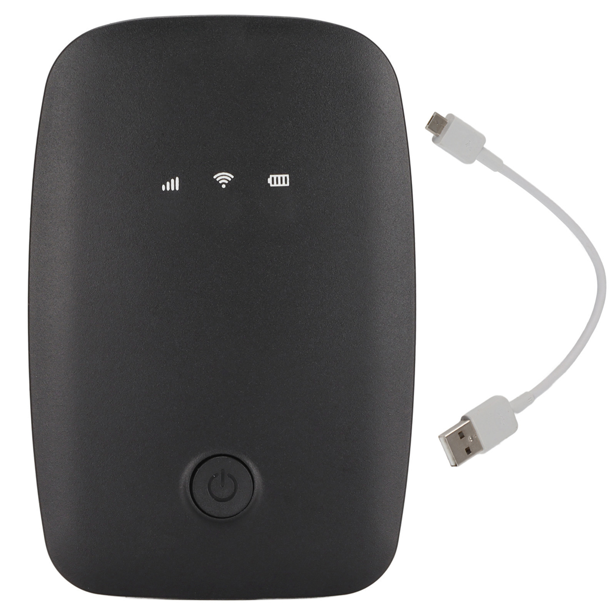 Schwarzer tragbarer Router mit Strom-, WLAN- und Akku-Symbolen, mit weißem USB-Kabel. Weißer Hintergrund.