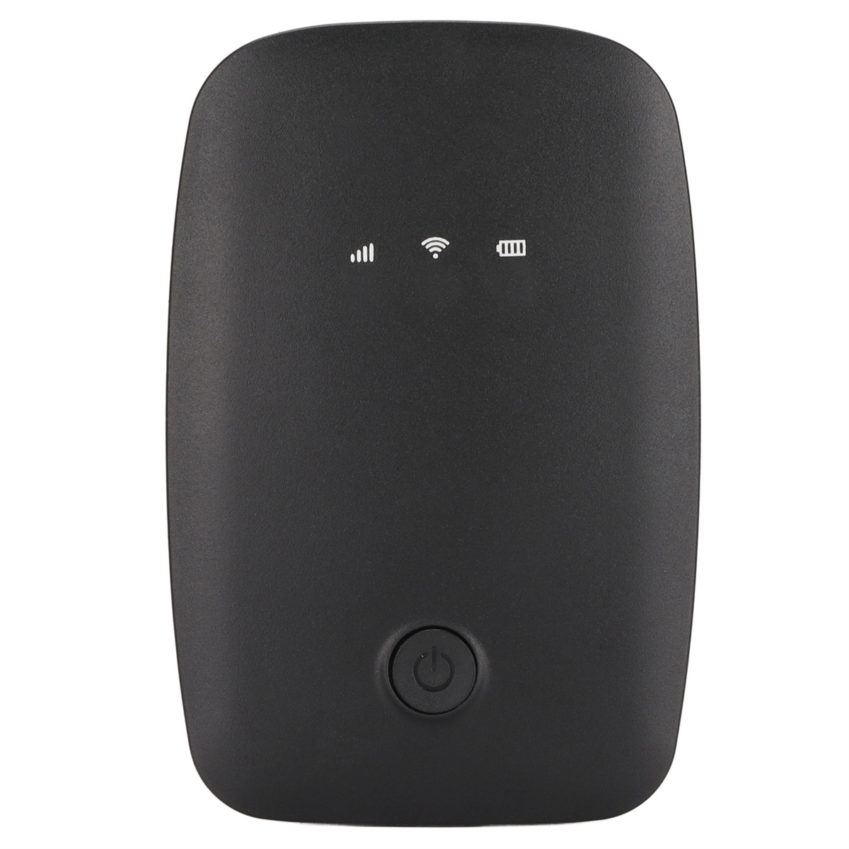 Ein schwarzer tragbarer Router mit Strom- und Signalanzeigen, der eine Ein-/Aus-Taste unten zeigt.