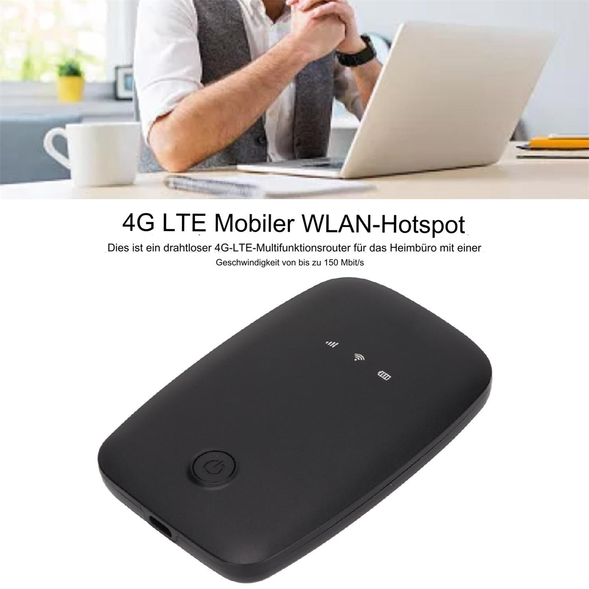 Schwarzer 4G LTE mobiler WLAN-Hotspot. Ein Laptop und eine Kaffeetasse im unscharfen Hintergrund.