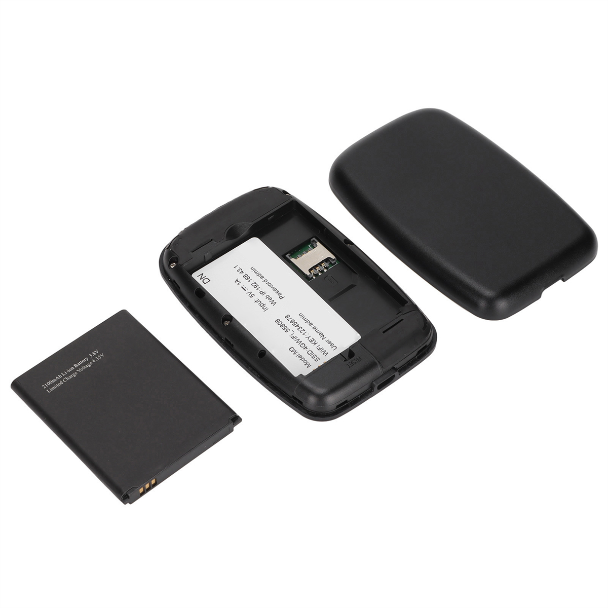 Ein geöffneter tragbarer WLAN-Router mit Akku und SIM-Karten-Slot.