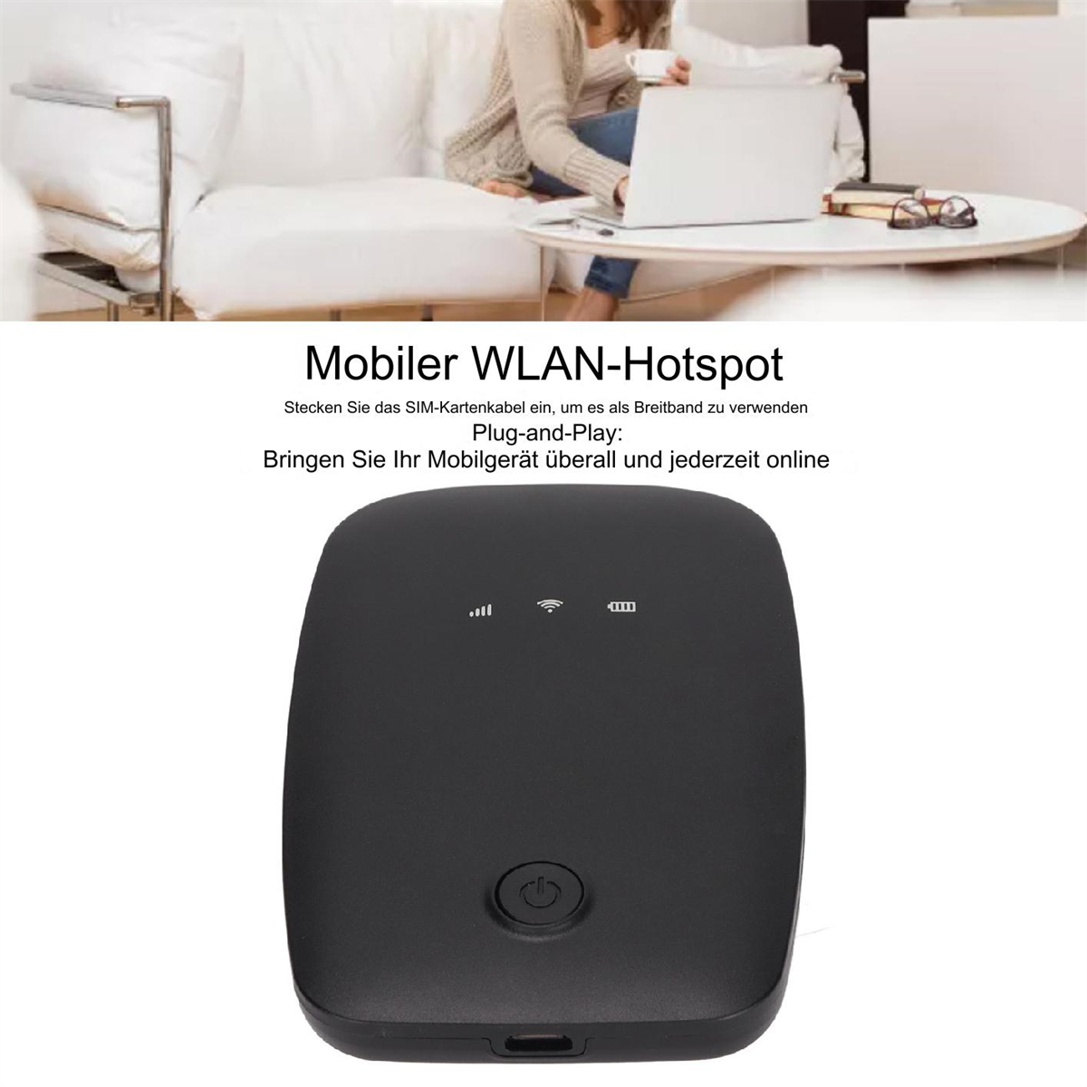 Schwarzes mobiles WLAN-Hotspot-Gerät. Eine Person sitzt im Hintergrund.