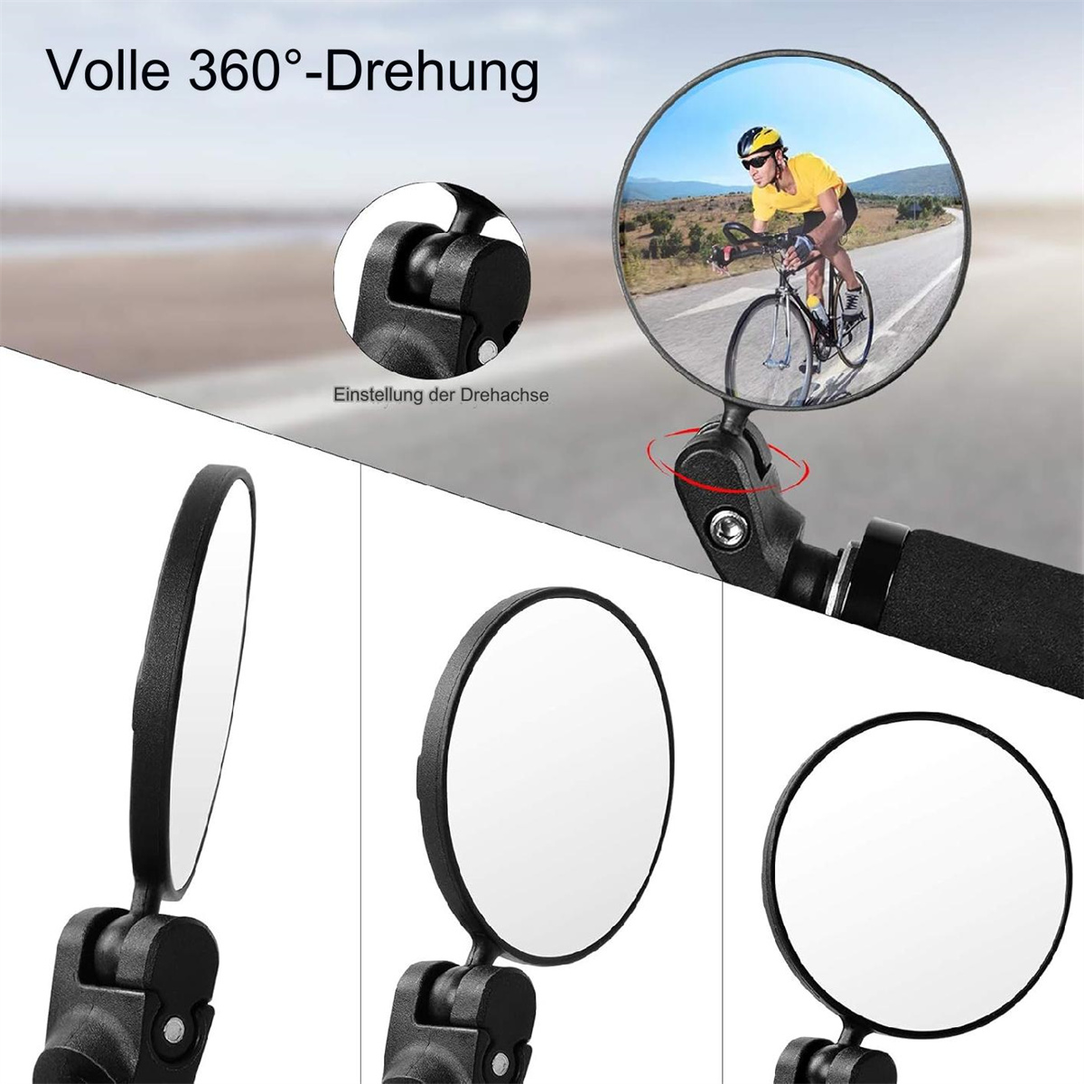 Fahrradspiegel-Set. Drei Spiegel mit unterschiedlichen Ansichten und ein Fahrradlenkeraufsatz.