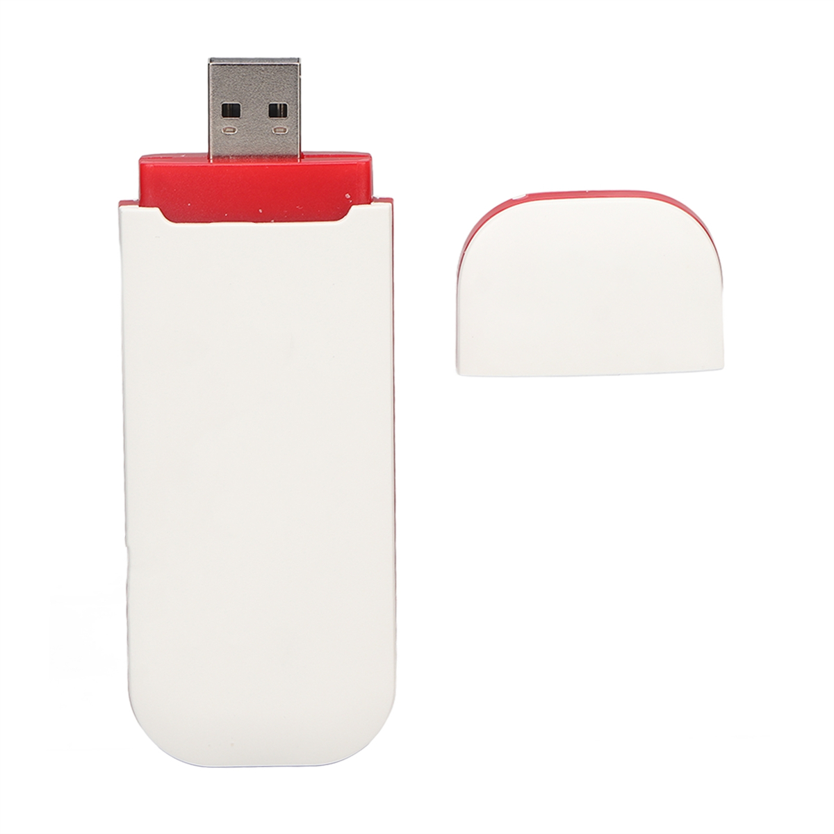 Ein weißer USB-Stick mit roter Kappe. Die Kappe ist abgenommen. Weißer Hintergrund.