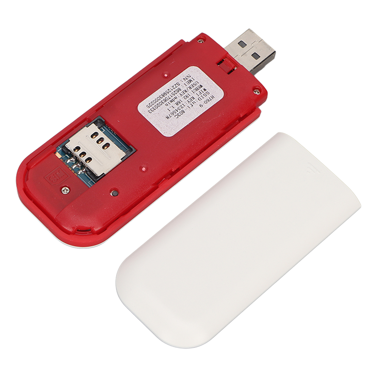 Roter mobiler Breitband-Dongle mit offenem Deckel, SIM-Kartensteckplatz und USB-Anschluss.