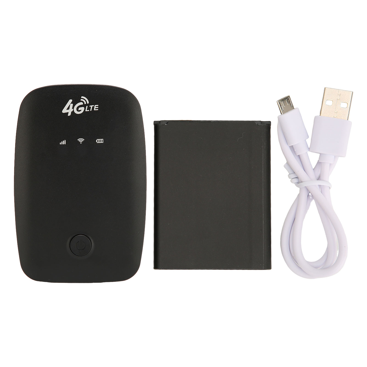 Ein schwarzer 4G LTE mobiler WLAN-Router, ein Akku und ein USB-Kabel.