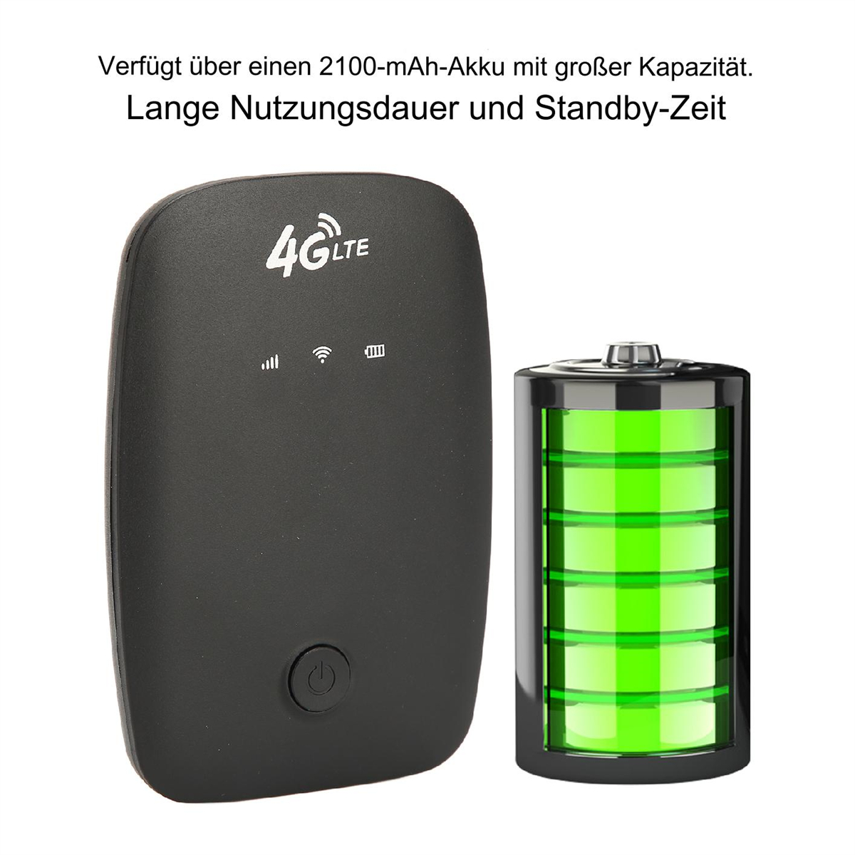 Schwarzes 4G LTE-Gerät neben einem grünen Akku-Symbol. Drei Signalbalken werden angezeigt.
