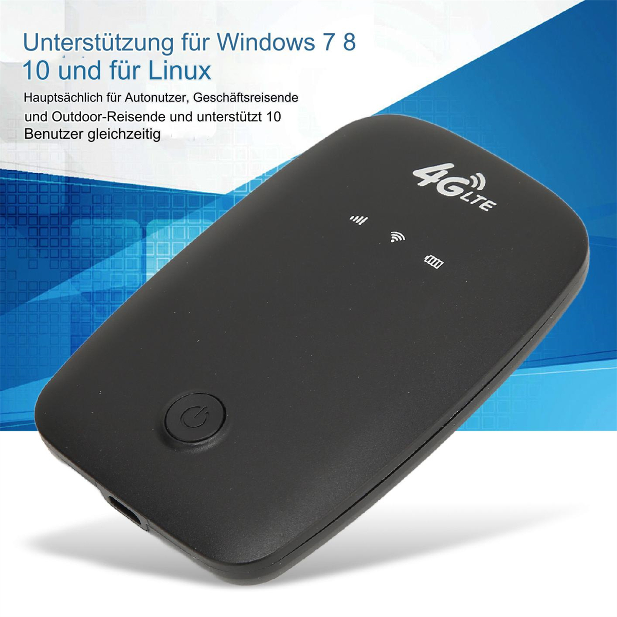 Schwarzes 4G LTE-Gerät mit Ein-/Aus-Taste und Signalanzeigen auf weißem Grund.