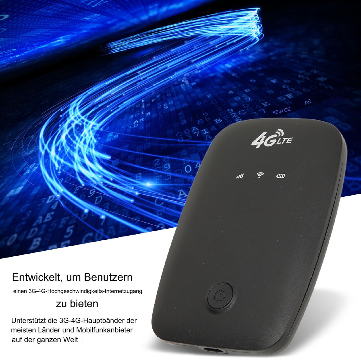 Schwarzes 4G LTE-Gerät mit Text, auf einem blauen Datenstrom-Hintergrund.