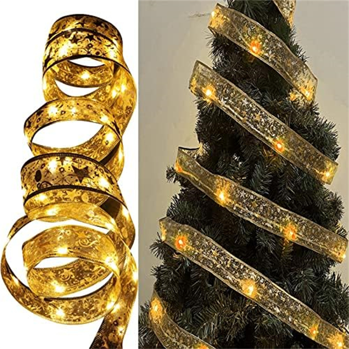 Goldene Bänder mit Lichtern an einem Weihnachtsbaum und aufgerollt, vor weißem Hintergrund.