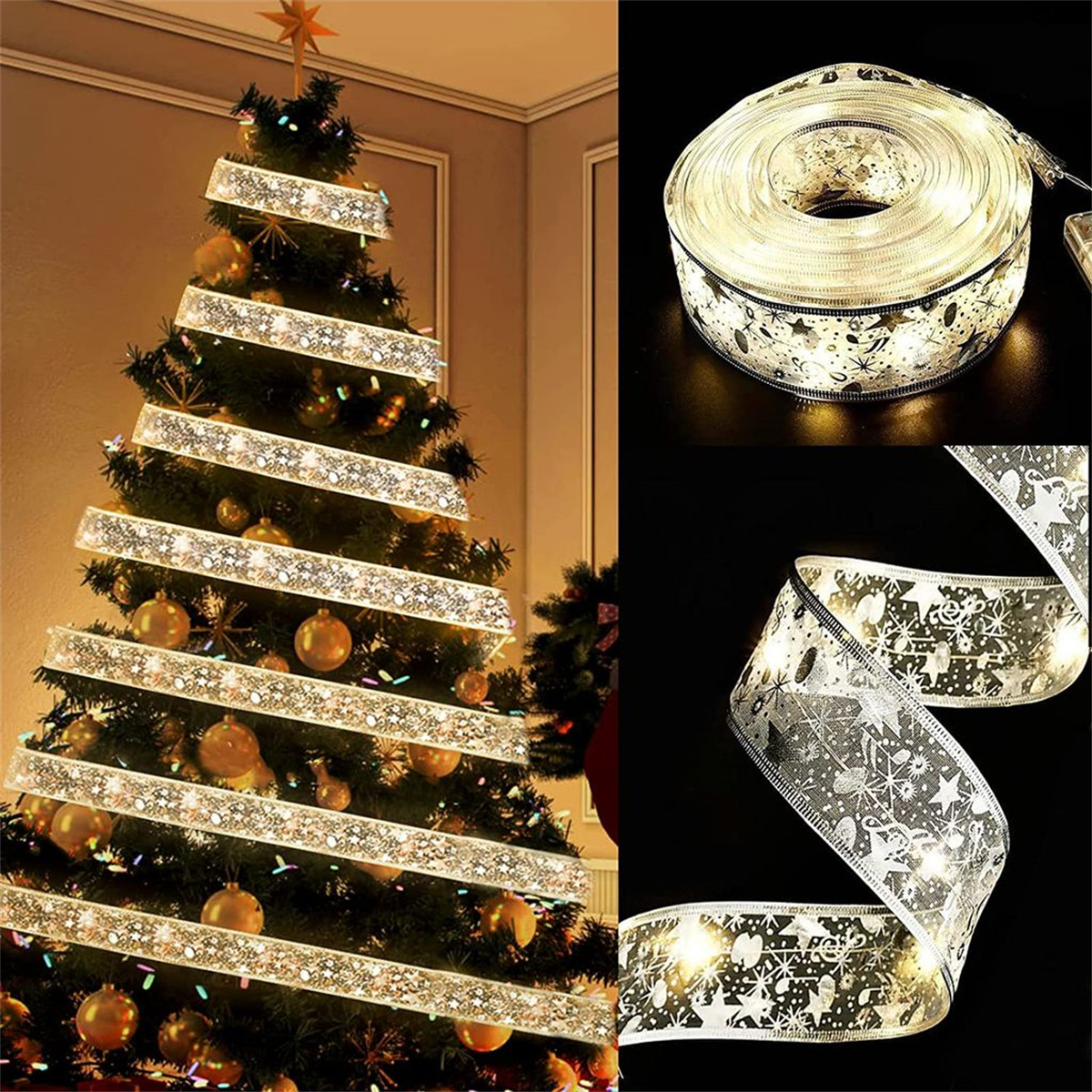 Weihnachtsbaum mit Lichterketten und Ornamenten geschmückt, mit Nahaufnahmen der Lichter.
