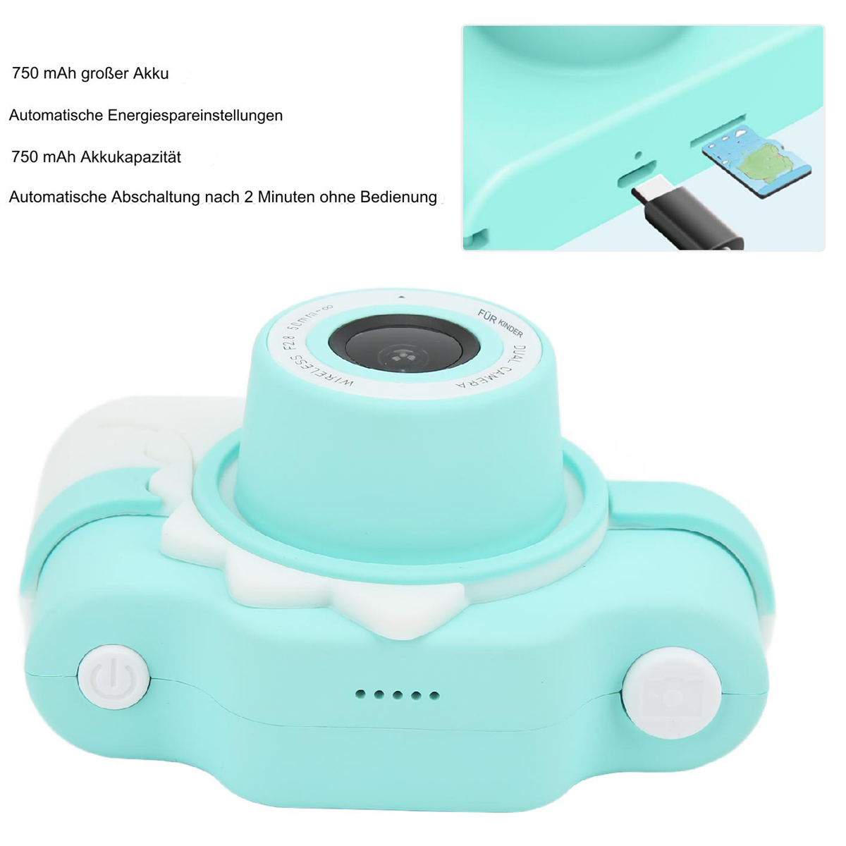Eine blau-weiße Kinderkamera. Oben rechts ist eine Nahaufnahme des Akkuanschlusses und einer microSD-Karte.