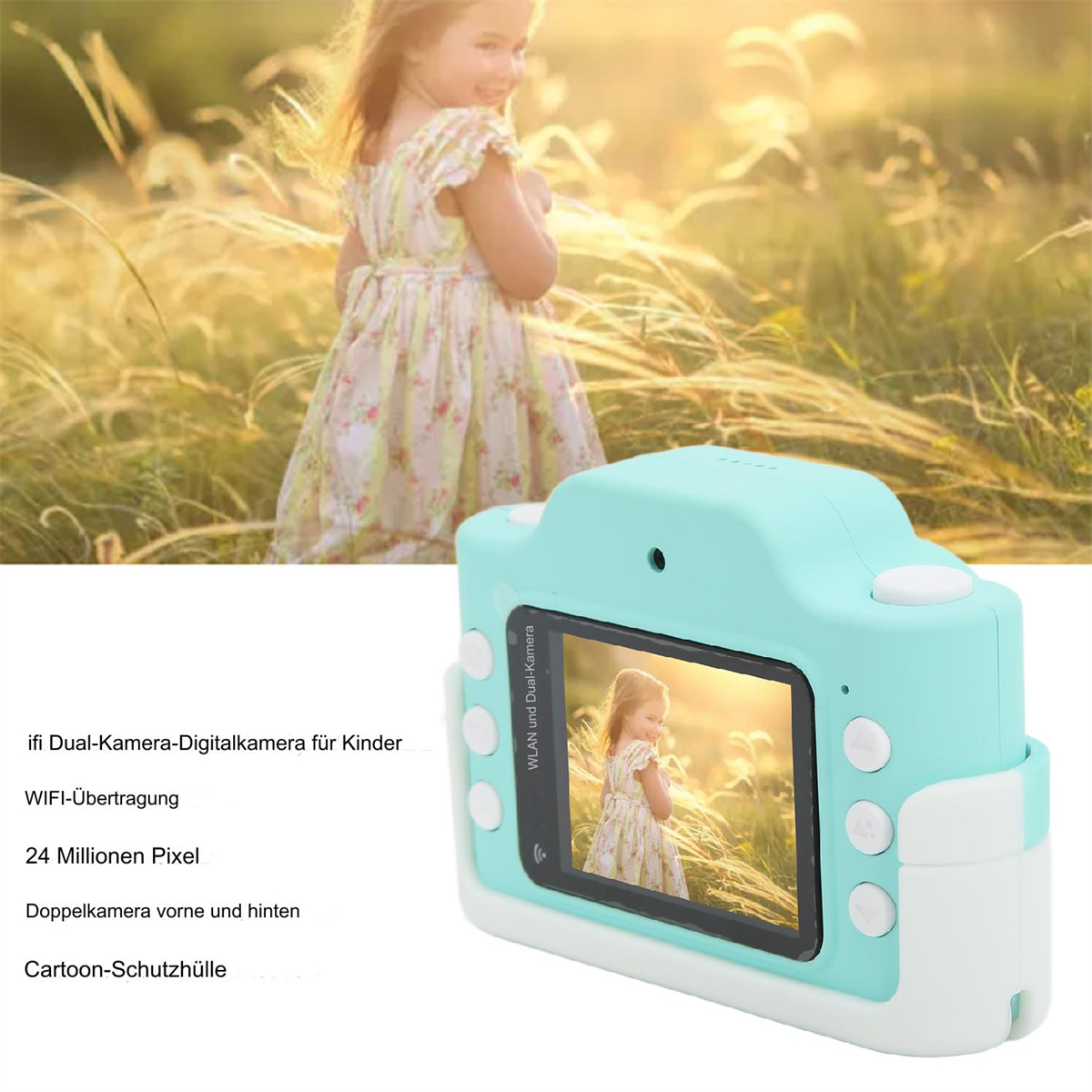 Eine Spielzeugkamera für Kinder mit einem Bild auf dem Bildschirm. Ein Mädchen im Hintergrund lächelt auf einem Feld.