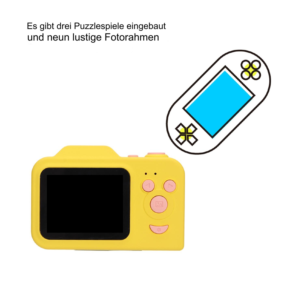 Gelbe Spielzeugkamera mit schwarzem Bildschirm und rosa Knöpfen. Daneben eine Zeichnung einer Spielkonsole.