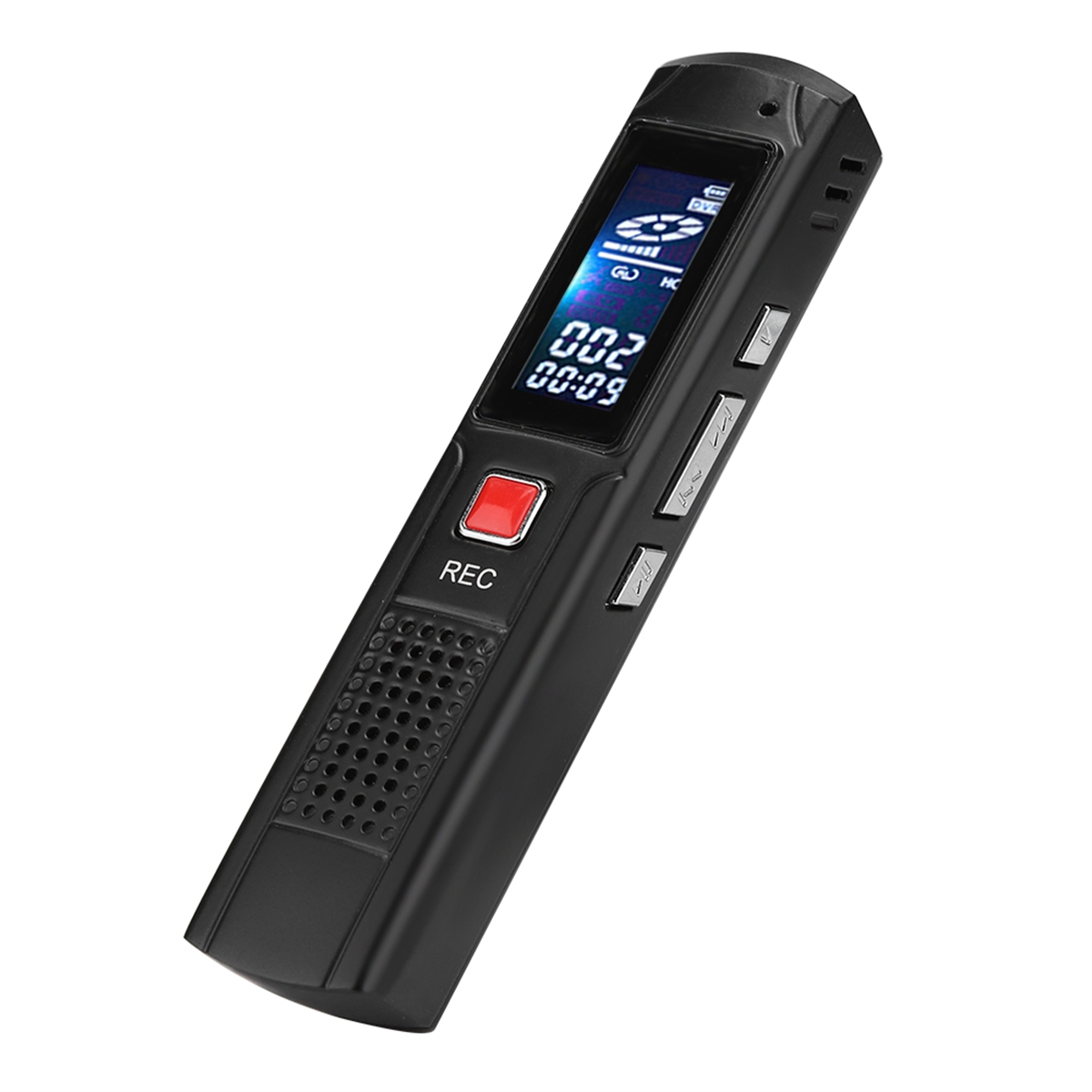 Schwarzer Audiorecorder mit Display, roter REC-Taste und mehreren grauen Tasten.