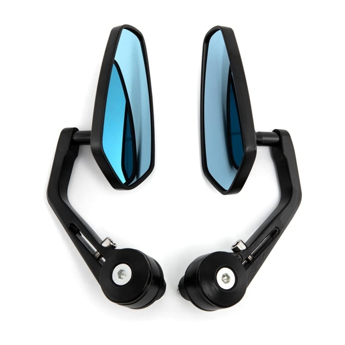 Paar schwarze Motorradspiegel mit blauem Reflexglas. Sie sind auf einer weißen Oberfläche montiert.