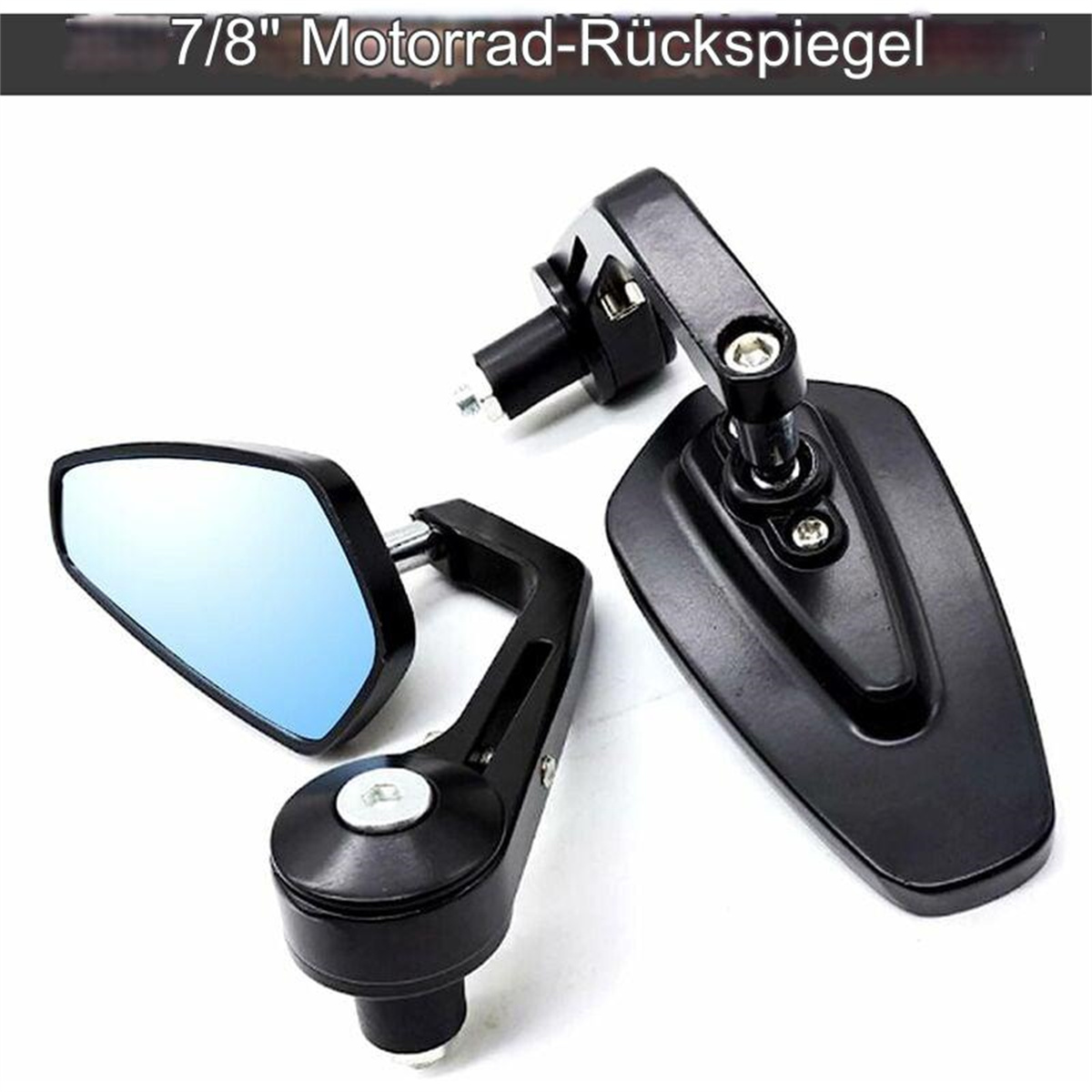 Zwei Motorradspiegel mit schwarzen Stielen und blau getöntem Glas. Text: "7/8" Motorrad-Rückspiegel".