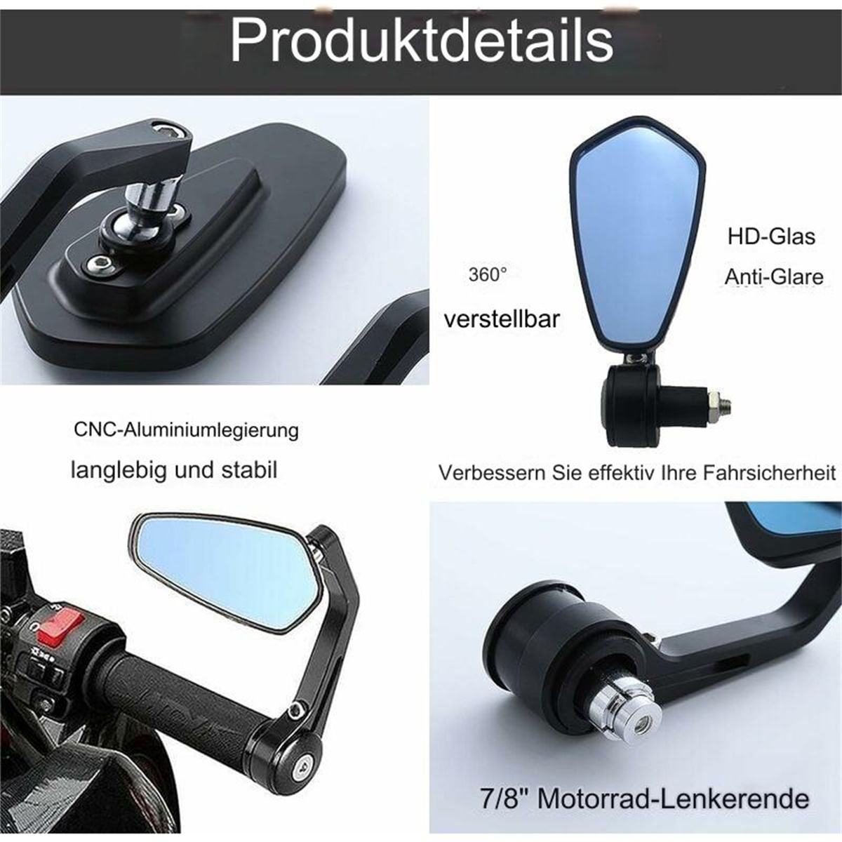 Motorradspiegel, schwarz und blau. Teile eines Motorrads werden ebenfalls gezeigt. Der Hintergrund ist weiß.