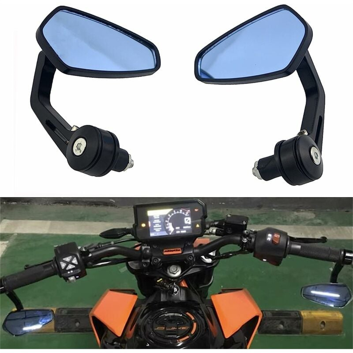 Ein Paar Motorrad-Lenkerendspiegel mit blauen Gläsern. Darunter ist der Lenker sichtbar.