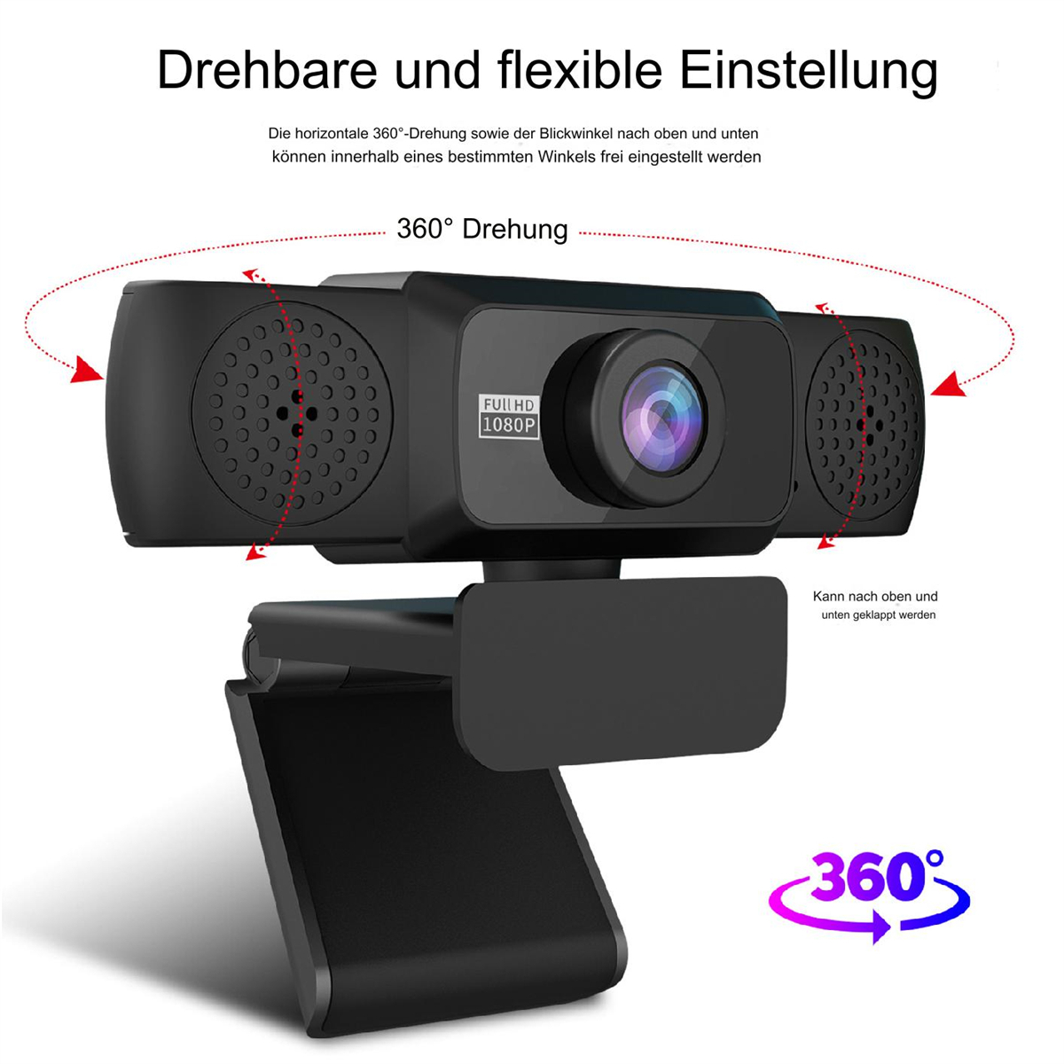 Schwarze Webcam mit 360-Grad-Drehung, Funktionen und Nahaufnahme von Objektiv und Lautsprechern.