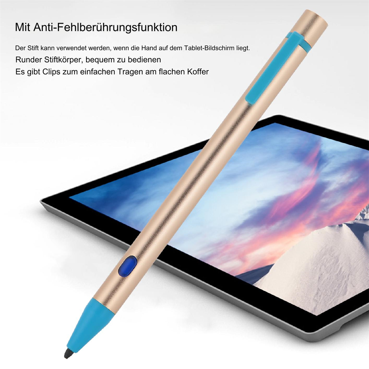 Ein goldener Stift mit blauen Akzenten, der auf einem Tablet liegt. Es hat eine Anti-Fehlberührungsfunktion.