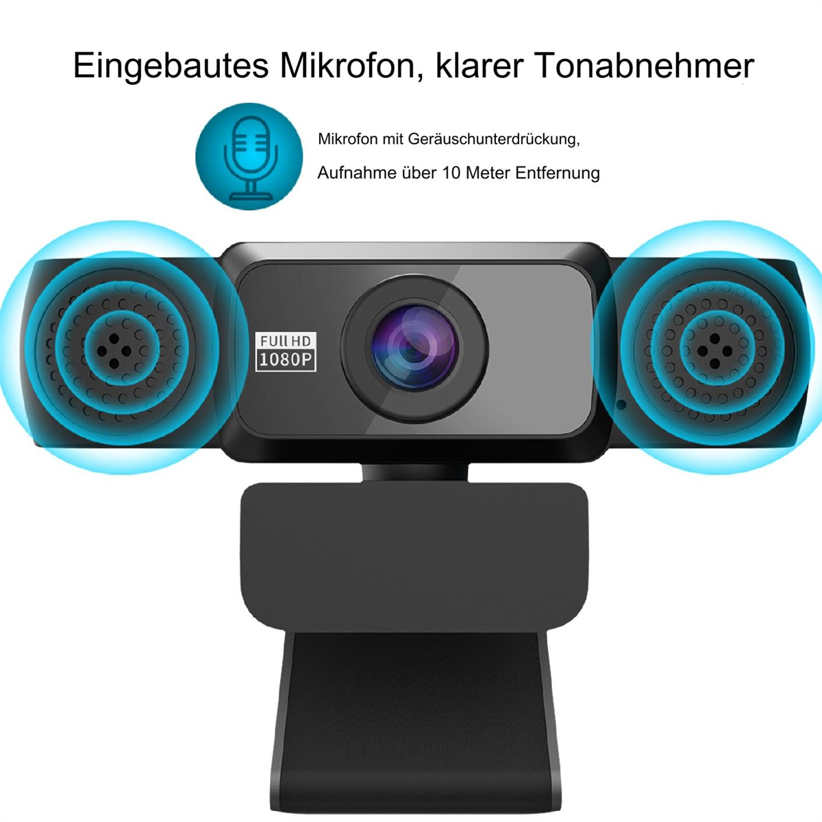 Eine schwarze Webcam mit zwei Lautsprechern und einem Mikrofon, mit dem Text 'FULL HD 1080P' auf weißem Hintergrund.