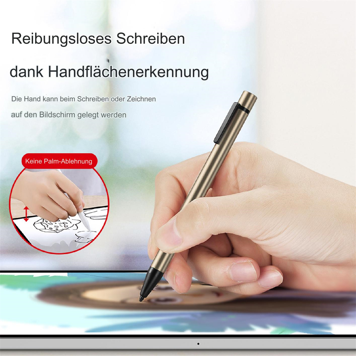 Eine Hand, die einen goldenen Stift über einem Tablet-Bildschirm hält. Text über die Handflächenabweisung wird angezeigt.