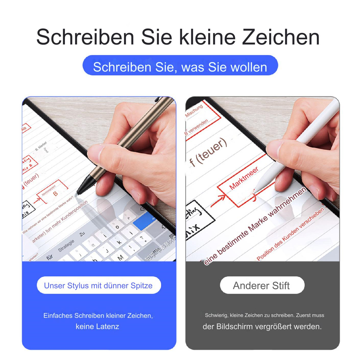 Zwei Bilder eines Tablets mit Stiften. Eines hat einen Stift mit dünner Spitze. Das andere ist ein anderer Stift.