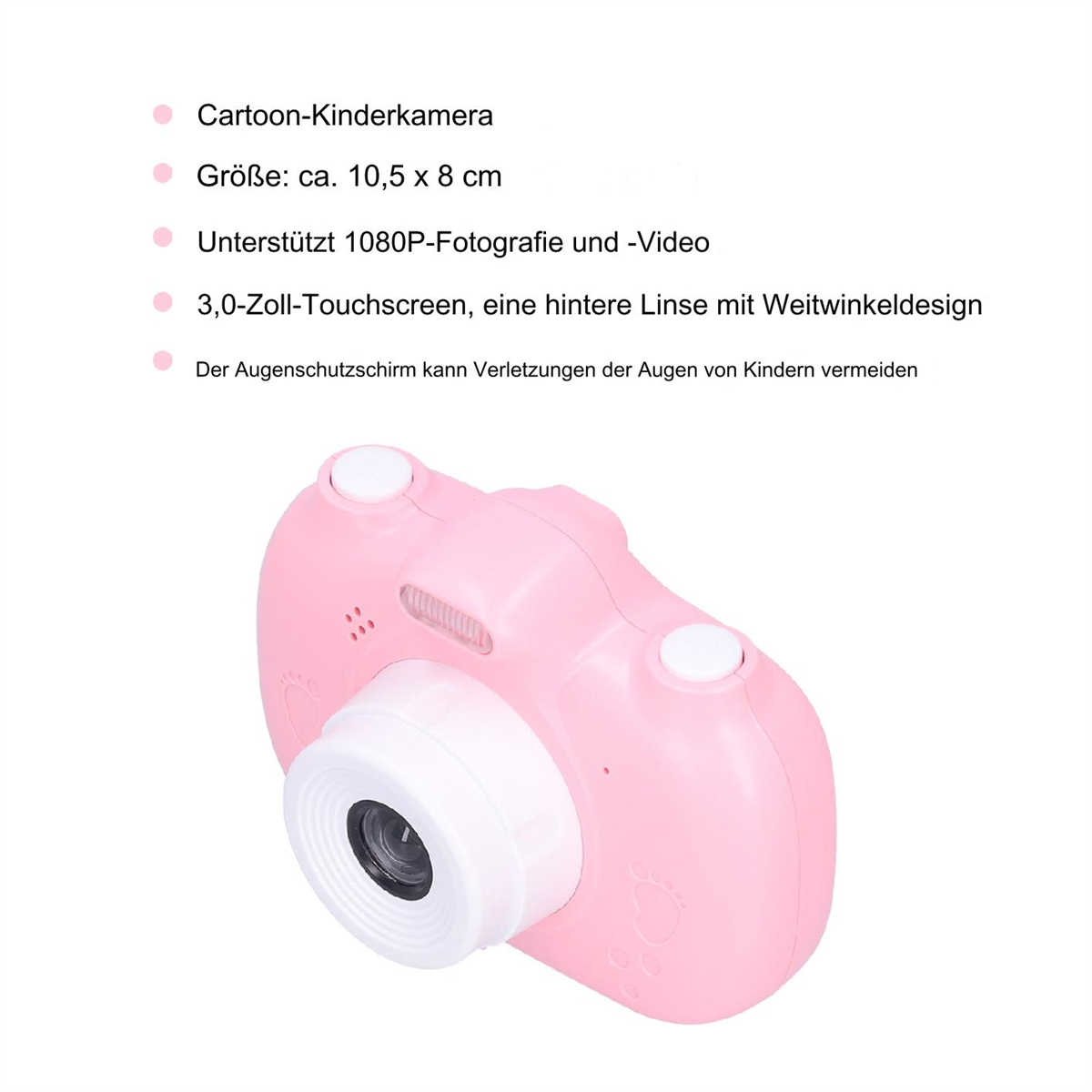 Rosa Kinderkamera mit weißen Knöpfen und Objektiv. Textkennzeichnungen sind vorhanden.