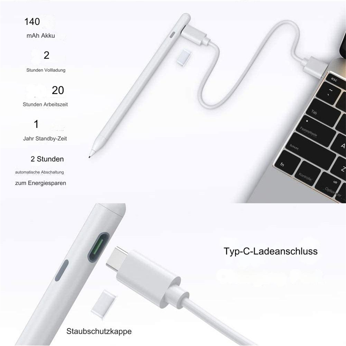 Weißer Stylus-Stift, verbunden mit einem Laptop mit Ladekabel, Informationen zum Stift und Laden.